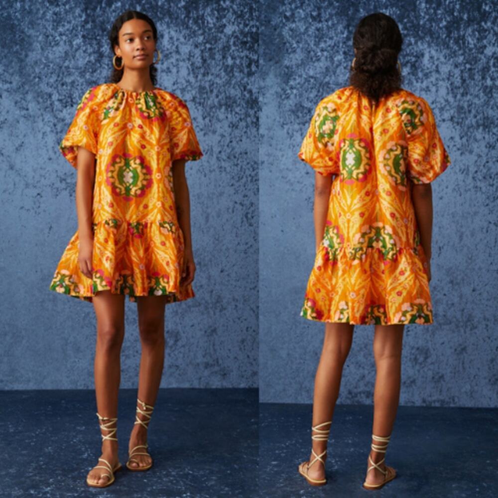 NWT Marie Oliver Elastic Neck Tiered Greta Dress Marigold Trellis Size: Small